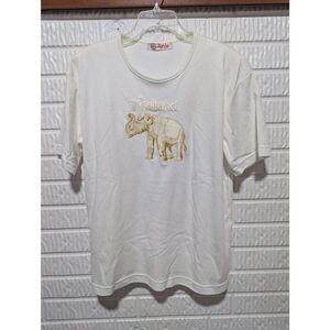 Lighty Vintage Women's White Thailand Gold Embroidered Elephant Heavy T-Shirt Si